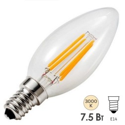 Лампа филаментная светодиодная свеча FL-LED Filament C35 7.5W 3000К 220V E14 750Lm теплый свет 