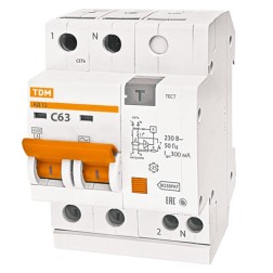 Дифференциальный автомат АД12 2Р С63А 300мА тип АС TDM 3,5 модуля 