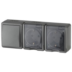Блок две розетки+выключатель IP54 16A(10AX)-250В открытой установки Эра Эксперт, серый 11-7403-03 