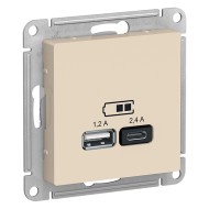 Зарядное устройство USB тип A+С 5В/2,4 А 2х5В/1,2 А, SE AtlasDesign, бежевый