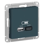 Зарядное устройство USB тип A+С 5В/2,4 А 2х5В/1,2 А, SE AtlasDesign, изумруд