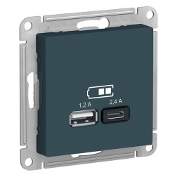Зарядное устройство USB тип A+С 5В/2,4 А  2х5В/1,2 А, SE AtlasDesign, изумруд 