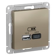 Зарядное устройство USB тип A+С 5В/2,4 А 2х5В/1,2 А, SE AtlasDesign, шампань