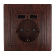 Розетка 2P+E Schuko со шторками 16А 250В + 2хUSB 5В-2,1А Intro Plano, венге 1-410-10