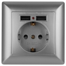 Розетка 2P+E Schuko со шторками 16А-250В + 2хUSB  Intro Solo, алюминий 4-410-03 