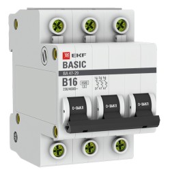 Автоматический выключатель 3P 16А (B) 4,5кА ВА 47-29 EKF Basic (автомат) 