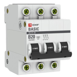 Автоматический выключатель 3P 20А (B) 4,5кА ВА 47-29 EKF Basic (автомат) 
