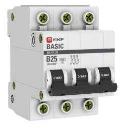 Автоматический выключатель 3P 25А (B) 4,5кА ВА 47-29 EKF Basic (автомат) 