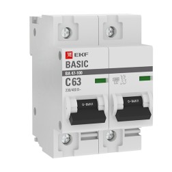Автоматический выключатель 2P 63А (C) 10kA ВА 47-100 EKF Basic (автомат) 
