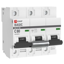 Автоматический выключатель 3P 80А (C) 10kA ВА 47-100 EKF Basic (автомат) 