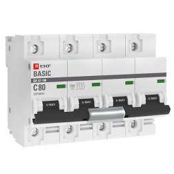 Автоматический выключатель 4P 80А (C) 10kA ВА 47-100 EKF Basic (автомат) 