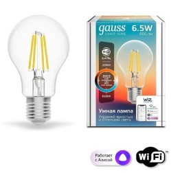 Лампа светодиодная филаментная Gauss Smart Home DIM+CCT E27 A60 6,5Вт 2000-6500 К 1/10/40 