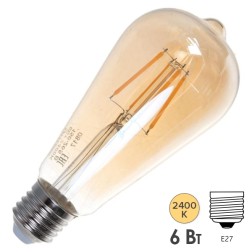 Лампа Gauss Filament ST64 6W 620lm 2400К Е27 golden диммируемая LED 1/10/40 