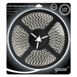 Лента светодиодная Gauss 2835/120-SMD 9.6W/m 12V DC холодный белый IP20 (упаковка 5м) 