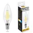 Лампа филаментная светодиодная свеча Feron LB-58 5W 2700K 230V 530lm E14 filament теплый свет 