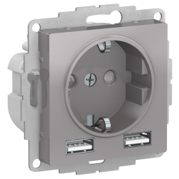 Розетка силовая с USB зарядкой Schneider Electric AtlasDesign Алюминий (в сборе) 