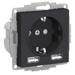 Розетка силовая с USB зарядкой Schneider Electric AtlasDesign Карбон (в сборе) 